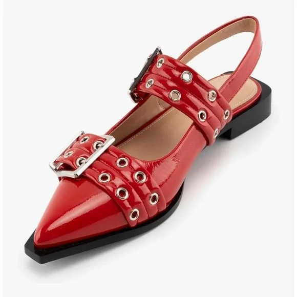 Womens Red Patent Pointed Toe Slingback Buckle Flats Shoes - Picture 2 of 3